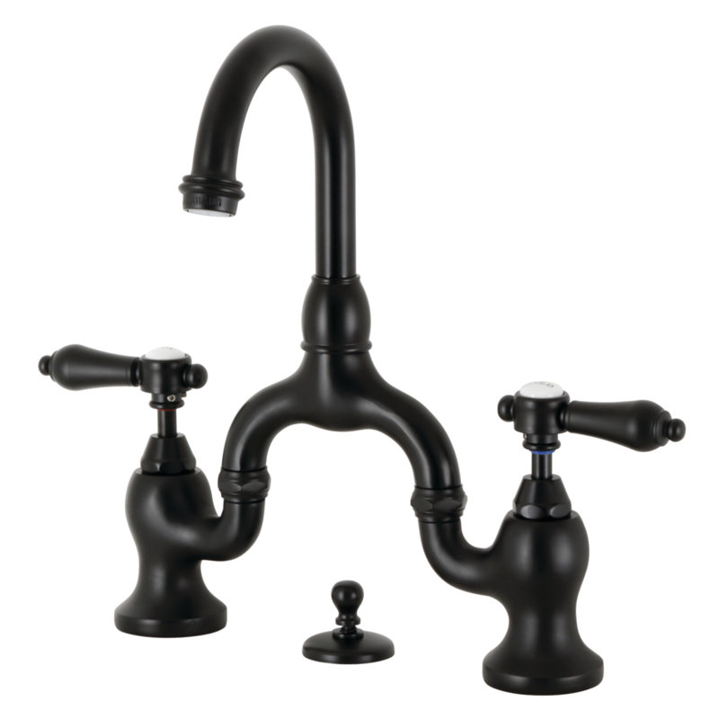 Kingston Brass Heirloom Two-Handle 3-Hole Deck Mount Bridge Bathroom Faucet with Brass Pop-Up, Matte Black