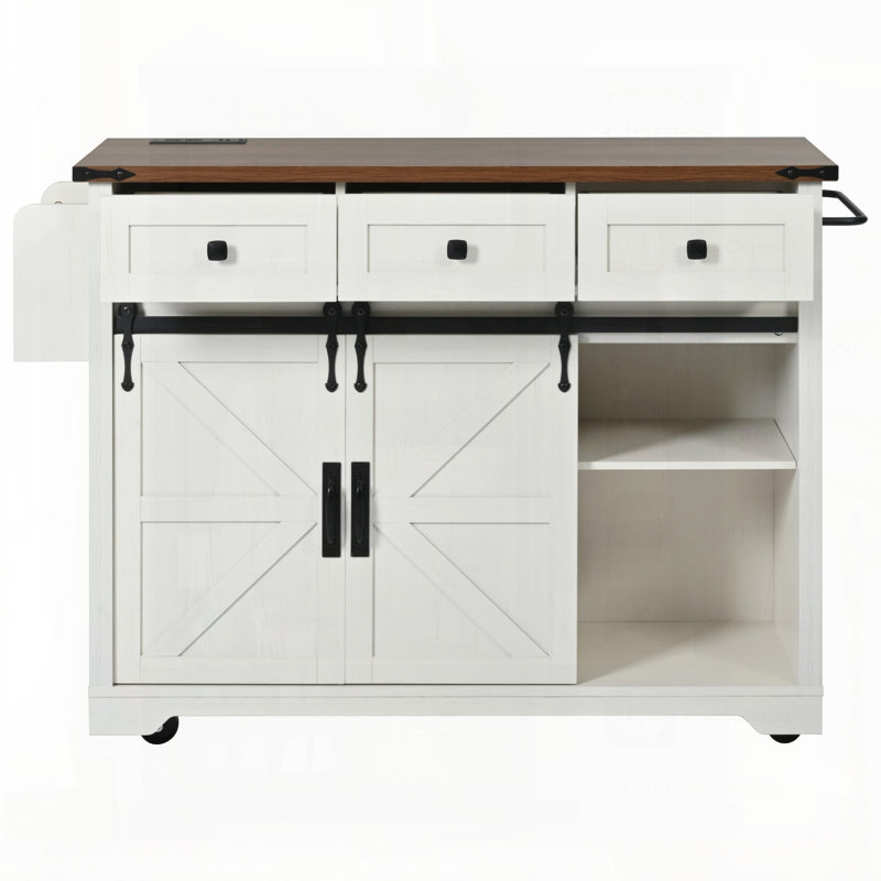 Farmhouse Kitchen Island With Power Outlet And Sliding Barn Doors, Perfect For Extra Storage And Workspace In Any Home, White