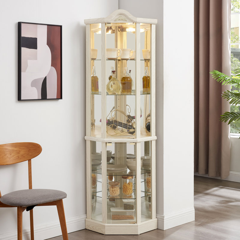 Vitrine d'angle vitrée lumineuse avec tablettes réglables et armoire à vin sculptée parfaite pour la maison ou le bureau-BLANC