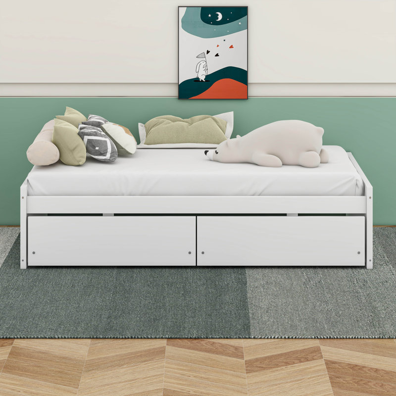 Lit simple avec 2 tiroirs, lit en bois d'hévéa massif, Blanc