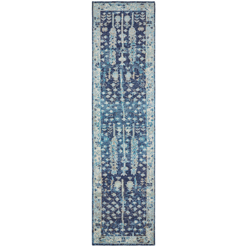 Maarja Hand Knotted Wool Oriental Area Rug in Blue, Runner 2'6" x 10'