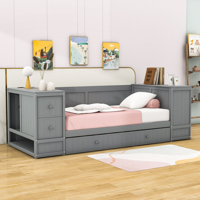 Lit de jour simple en bois avec accoudoirs et lit gigogne Dobb, Gris