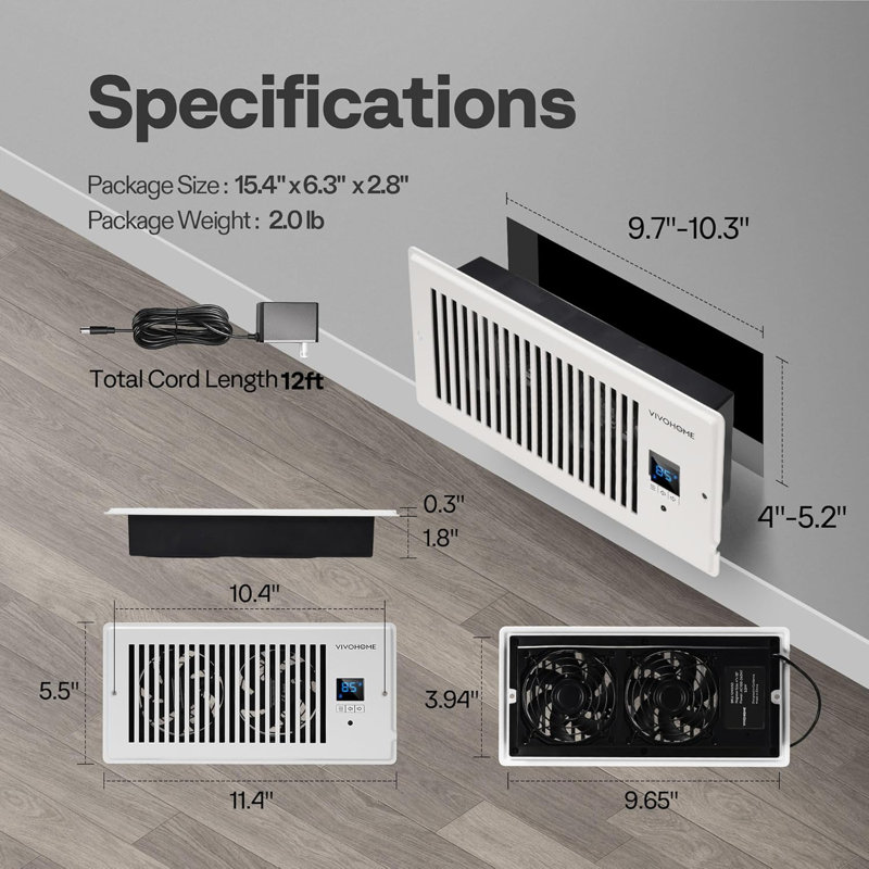 Quiet Register Booster Fan with Intelligent Thermostat, fit 4'' x 10'' Opening Vent Hole, 5.5" H x 2.1" W x 11.4" D