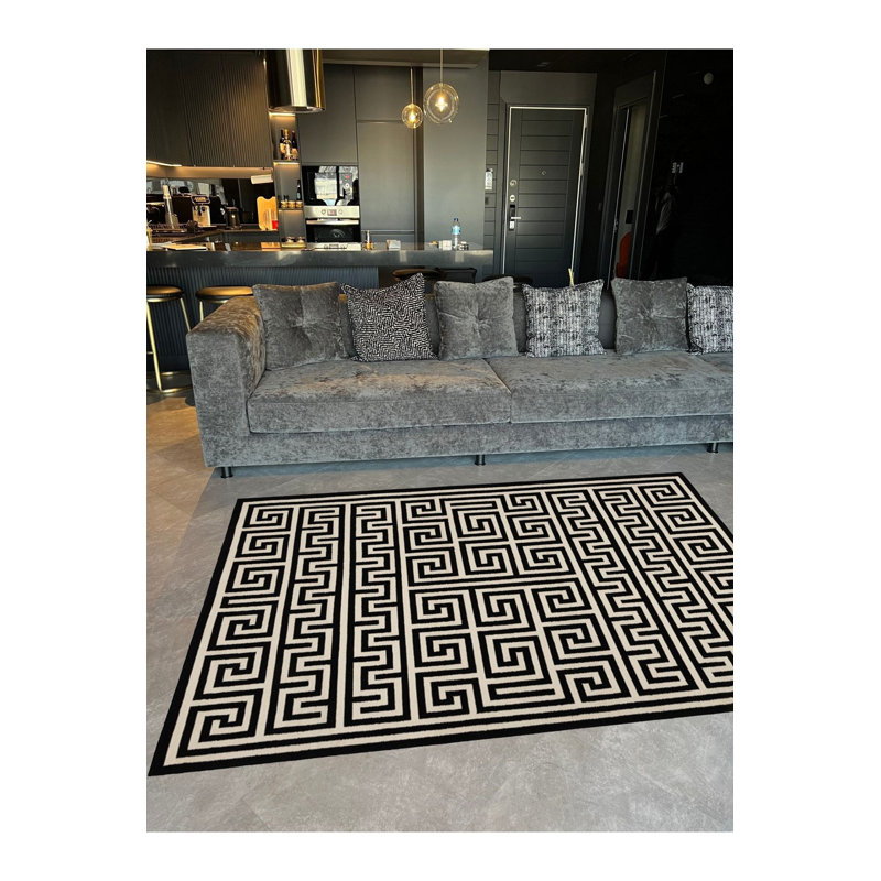 Tapis lavable noir à motif géométrique beige, Tapis de couloir 3 pi 3 po x 9 pi 10 po