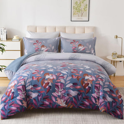 3-Piece Reversible Floral Comforter Set Botanical Leaves Soft Microfiber All Season