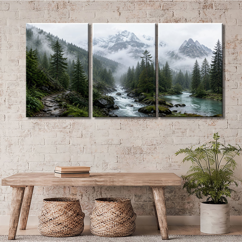 Ensemble de 3 impressions sur toile forêt brumeuse, forêt enneigée, pin, rivière sauvage, brume verte, nature, décoration murale rustique
