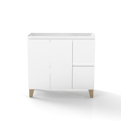 Armoire de meuble-lavabo 36 po, 2 portes à gros tiroirs à fermeture douce, conception de poignée, meuble-lavabo blanc, pieds en bois naturel, convient aux poignées de lavabo modernes, brillant, support solide, céramique