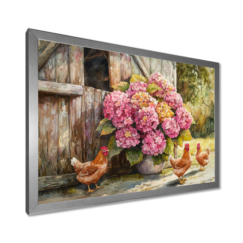 Doshier hydrangées par le poulailler II - hydrangées, art mural, Reproduction encadrée d'une seule photo, Argent argent