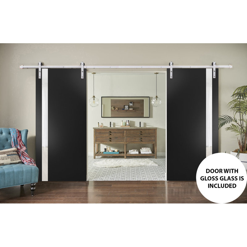 Portes de grange intérieures robustes en bois givré avec ensemble de quincaillerie Planum, 60 po x 84 po, Noir mat / blanc
