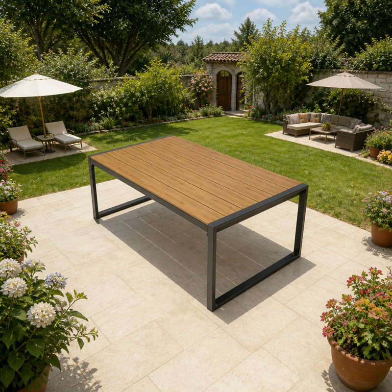 Tables de patio durables, table basse moderne en acier aspect bois pour terrasse