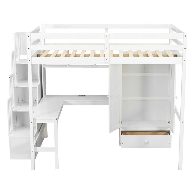 Lit mezzanine multifonctionnel avec armoire de bureau intégrée et escalier de rangement