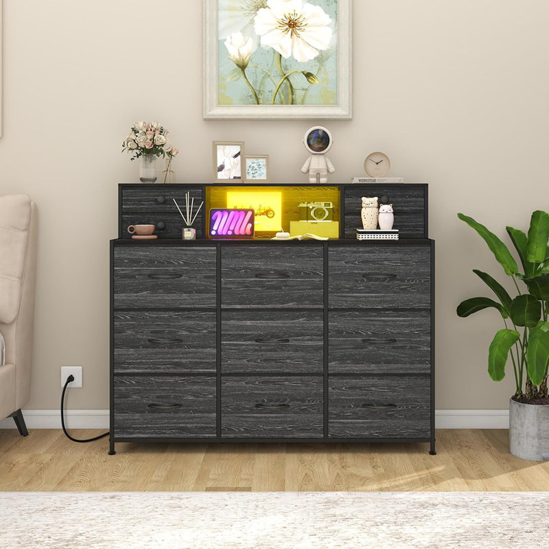 Commode noire avec station de charge et lumières à DEL Commodes 13 tiroirs pour la chambre à coucher Commodes longues et commodes pour le salon, vestibule, vestibule, cadre en bois