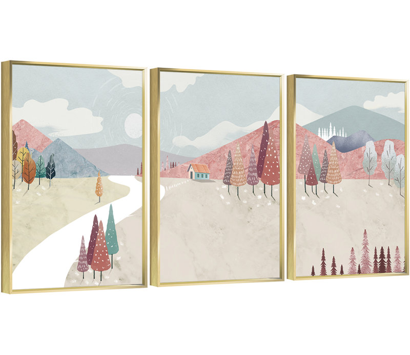 Mountain - ensemble de 3 reproductions sur toile flottantes, H 23,62 po x l 15,75 po x P 1,65 po, Or