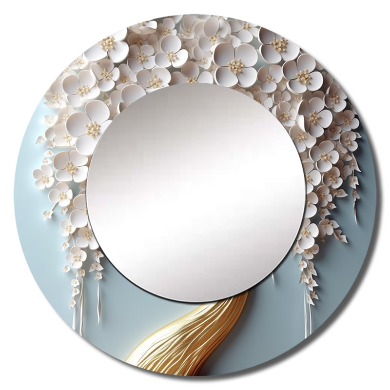 Raely White Orchid Tree Garden Of Branches VI - Floral Tree Large Wall Mirror, White Round Decorative Mirror, Printed Metal Art