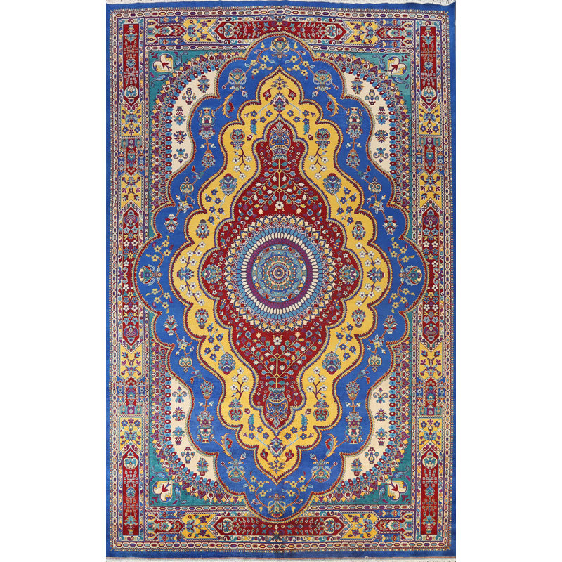 Tapis bleu en laine noué à la main de conception unique 10 pi 2 po x 13 pi 10 po