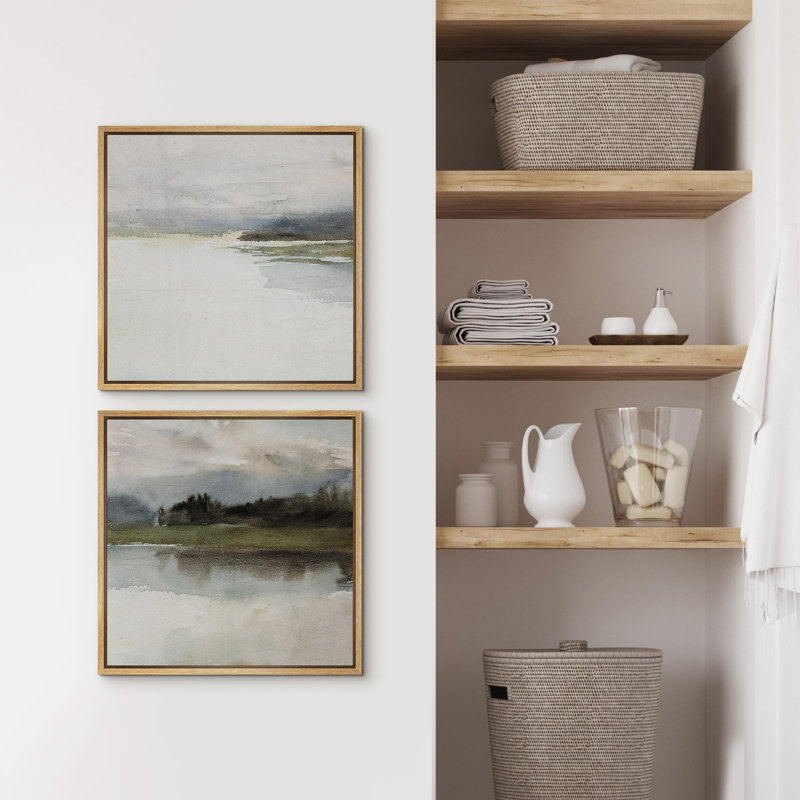 Ambiance lac brumeux apaisant, nature abstraite, paysage, illustrations, art moderne, détente minimale / calme