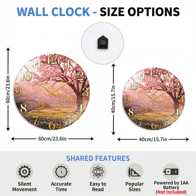 Horloge murale Cherry Blossom, 40 x 40 cm (15,7 x 15,7 pouces)