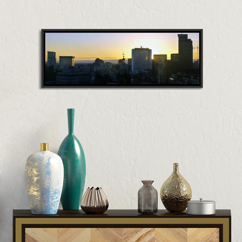 «Birmingham Skyline Panoramic Cityscape (Sunset)», reproduction de photo sur toile en noir et blanc, Jaune / noir