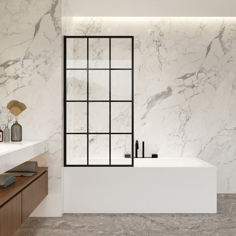 Puente 34" W x 58" H Bathtub Screen Glass Shower Door Tempered Glass Shower Panel in Matte Black