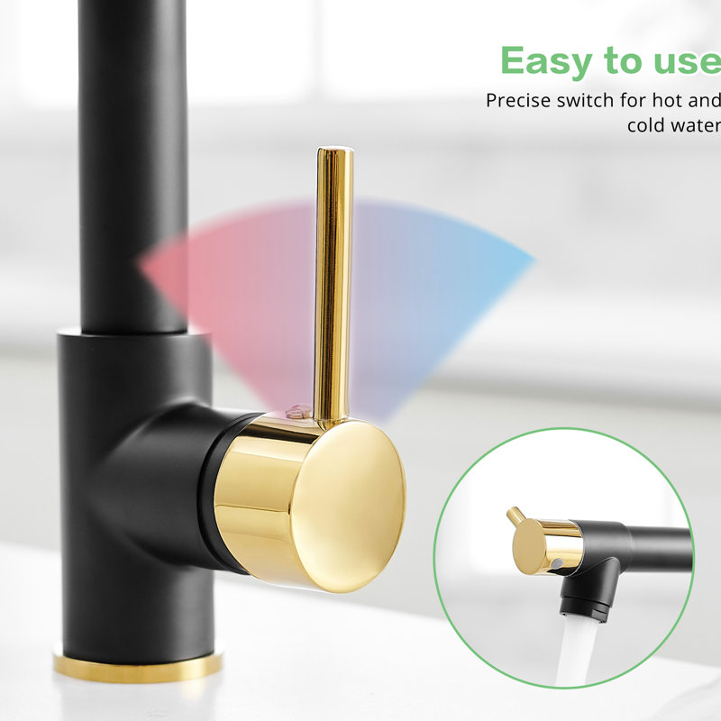 Robinet d'évier de cuisine avec douchette rétractable en noir et or, température de l'eau réglable sur 360 degrés, utilisateur