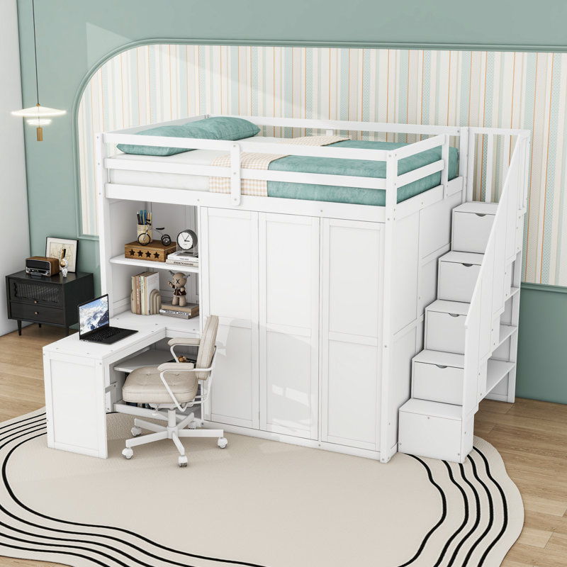 Lit mezzanine avec garde-robe, bureau et tablettes, Blanc