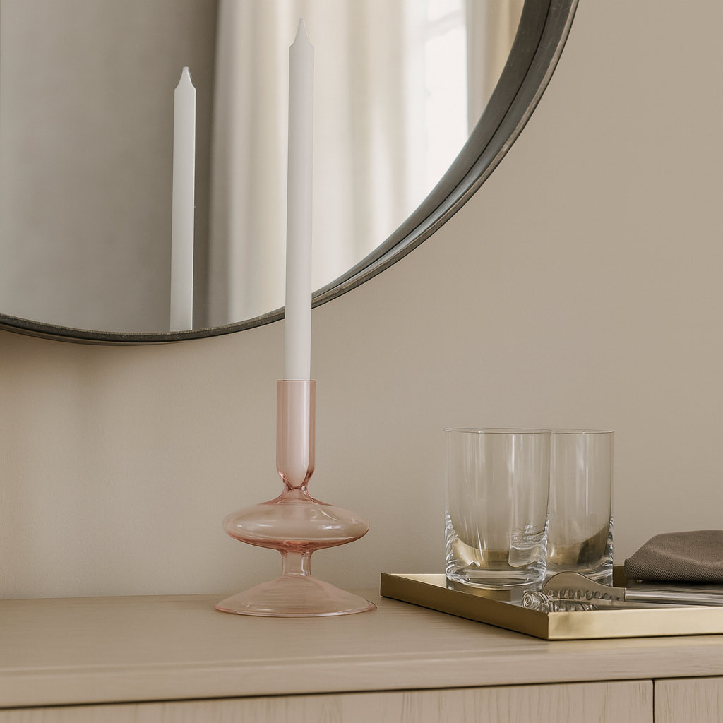 Rockleigh Glass Candlestick Holder, 5" H x 3" W x 3" D, Pink