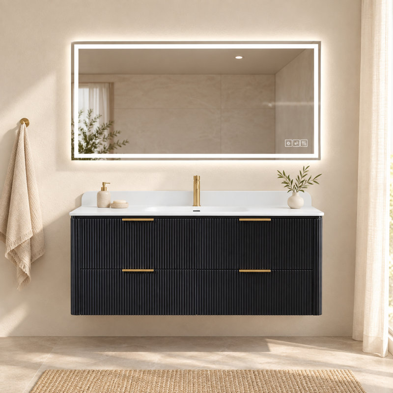 Ensemble meuble-lavabo suspendu noir de 122 cm avec lavabo intégré et miroir de courtoisie à DEL de 122 x 61 cm