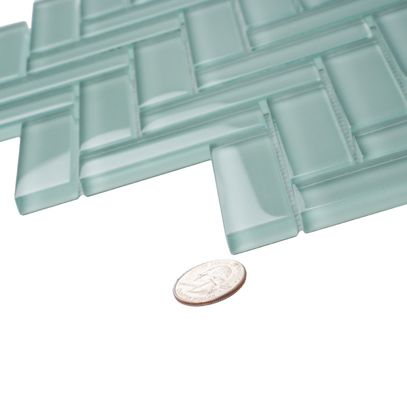 11"X 12.6" Herringbone Polished Glass Mosaic Tile, Aqua