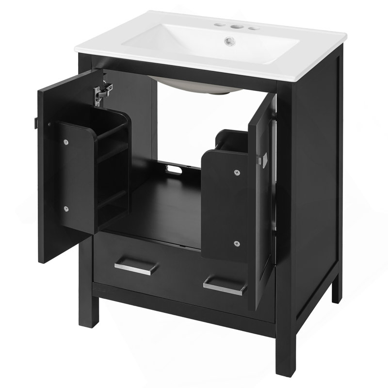 Meuble-lavabo de 24 pouces avec lavabo encastré intégré et armoire de rangement avec 2 portes et 1 tiroir. Comprend une tablette de porte à double couche, conception à fermeture en douceur