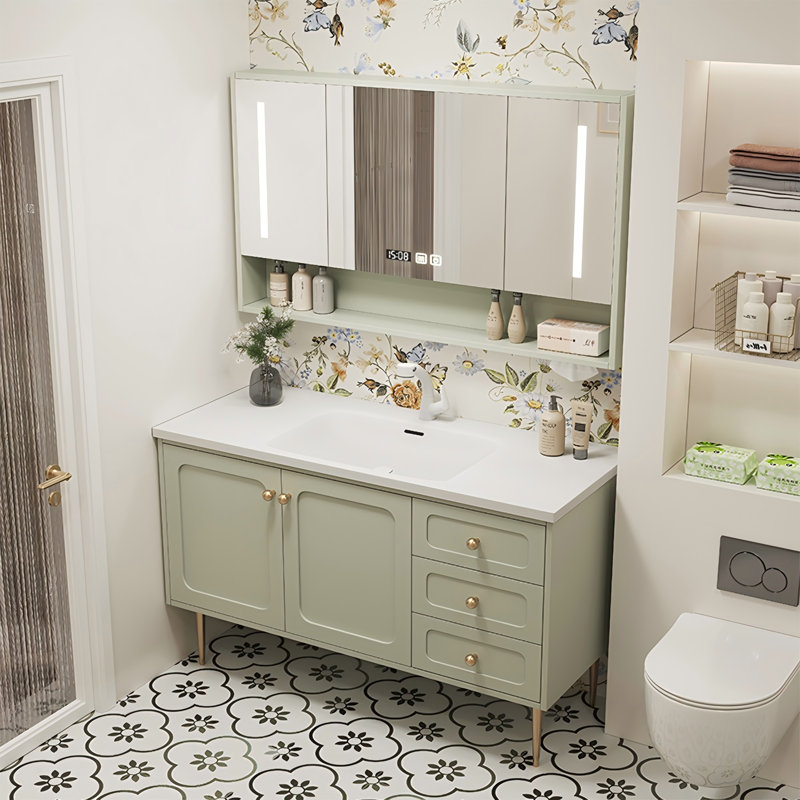 Meuble-lavabo autoportant en bois d'hévéa vert clair 55,12 po avec armoire à miroir, 55"
