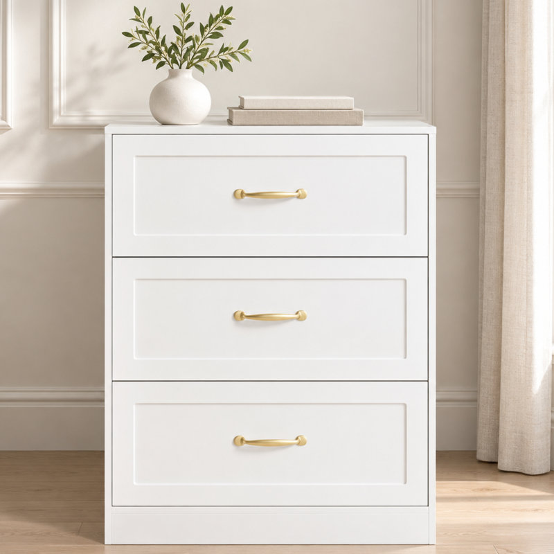 Abrielle White 3-Drawer Chest of Drawers with Gold-Tone Handles
