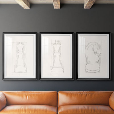 Chess Set Sketch I  -Custom Framed  Premium Print W Matt - 3 Pieces