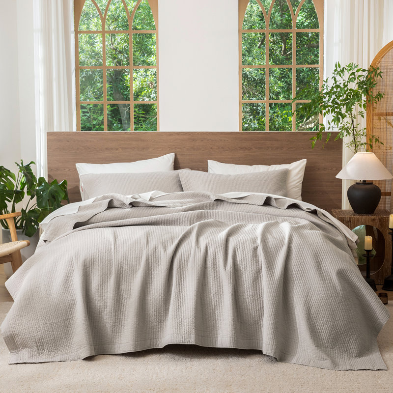 MooMee Lightweight Quilt Set 100% Washed Cotton Linen-Like Stripe Stitch Breathable All-season , Light Gray