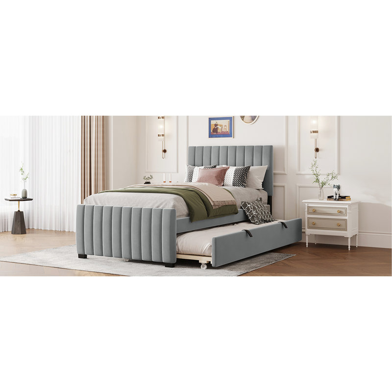 Grand lit tapissier en velours avec lit gigogne - Idéal pour une bonne nuit de sommeil et une décoration confortable, Gris
