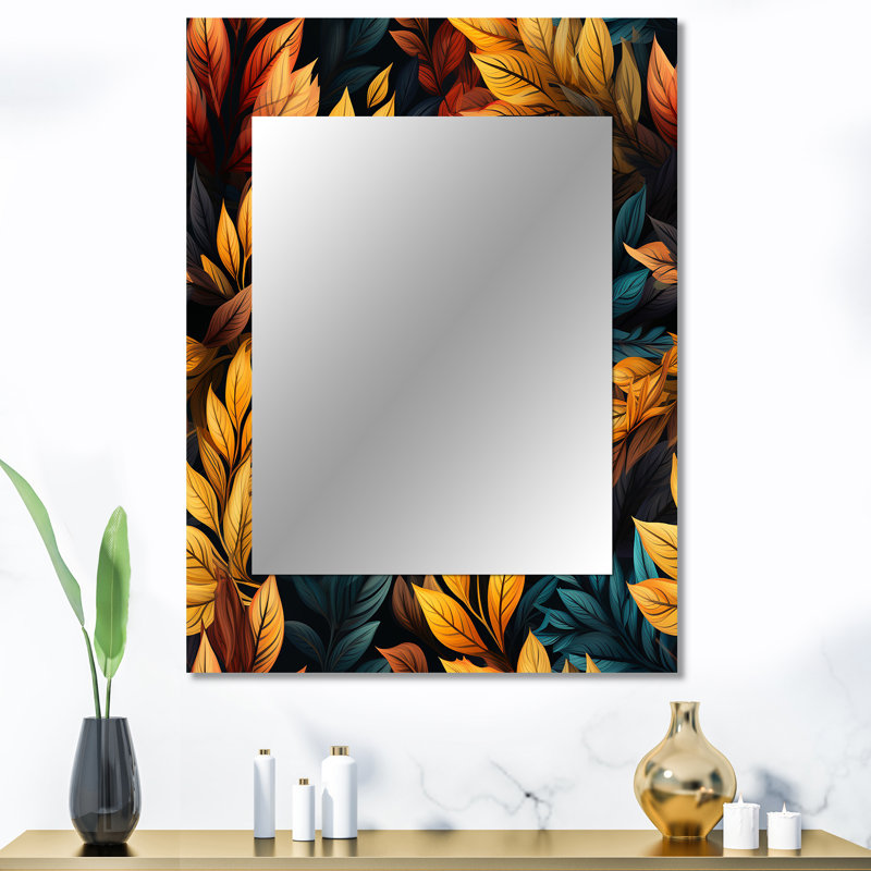 Carlaysia Yellow Rustic Autumn Leaves - vintage  Unique Wall Mirror, Floral Mirror, Printed Metal Art, 40" x 30"