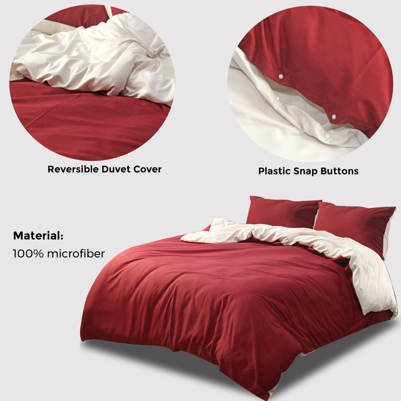 Jersen Microfiber Solid Colour Duvet Cover Set with Pillowcases Included, Beige/Burgundy, Super King