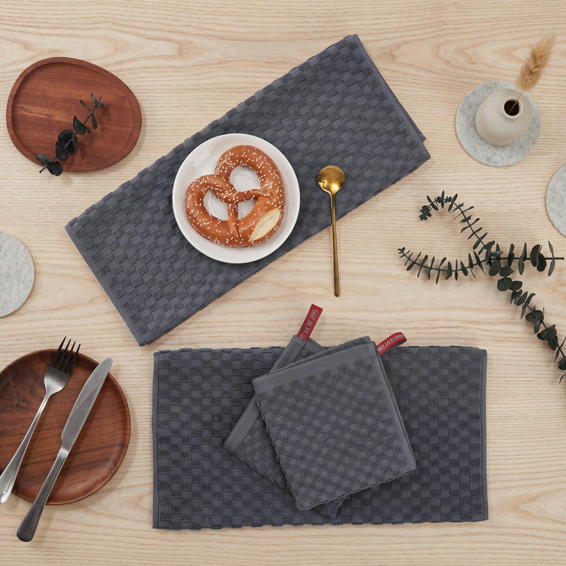10-Piece Gray Cotton Kitchen Towels Set, Waffle Weave Dish Cloths 2 Sizes, 100% Ring Spun Cotton, Gray