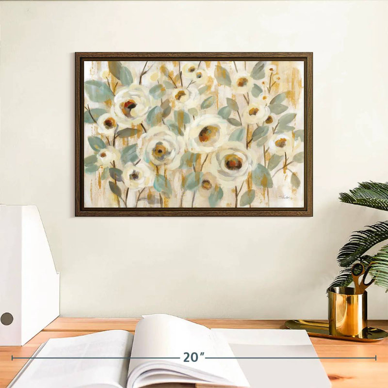 Or blanc et fleur de sauge, 13 po x 9 po, Cadre flottant en noyer