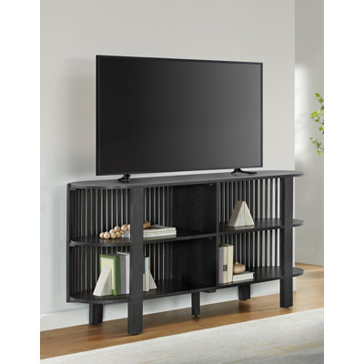 Estie Wood Slatted Sofa Console Table With Open Shelves