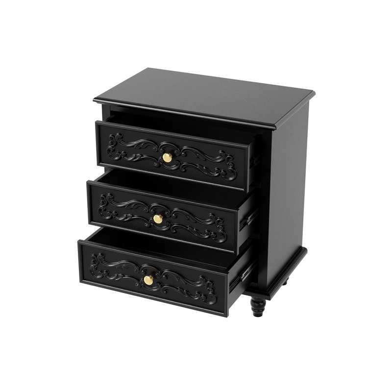 Table de chevet traditionnelle à 3 tiroirs de 23,6 po de largeur avec façades à volutes, noir, Noir
