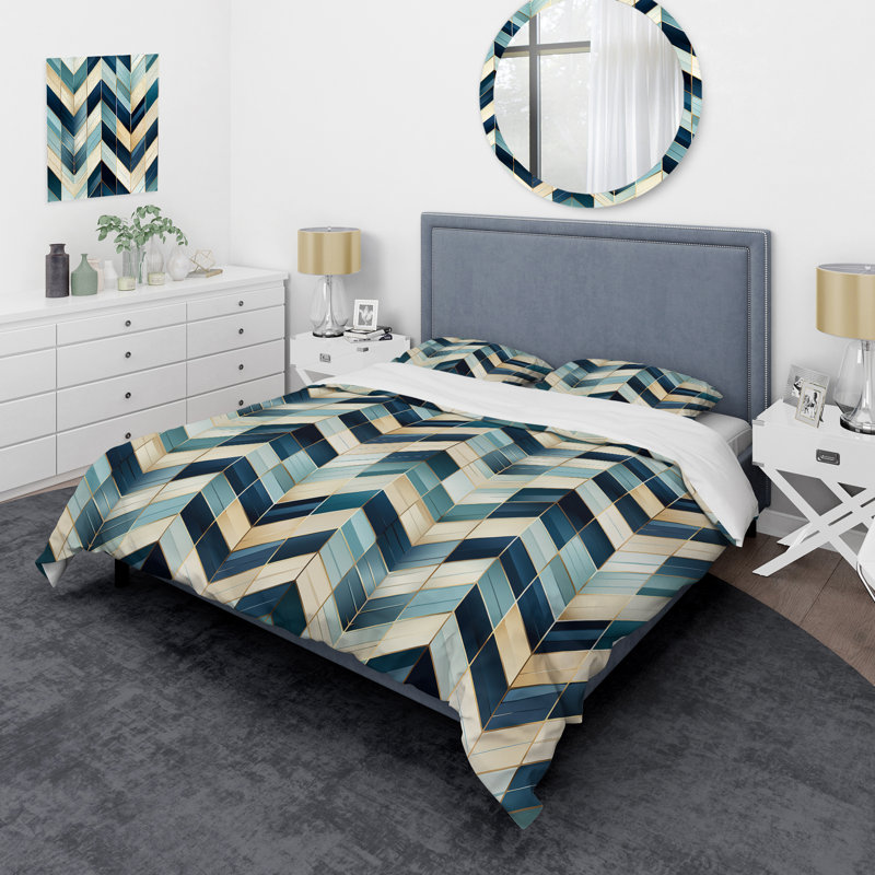 Tiles Blue and White Chevron Dreams I - Ensemble de housse de couette géométrique - Polyester microfibre
