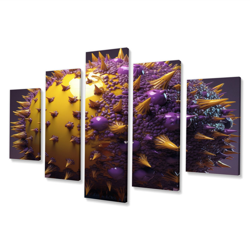 3D et jaune sphère sphérique - impression sur toile spirales abstraites - 5 panneaux