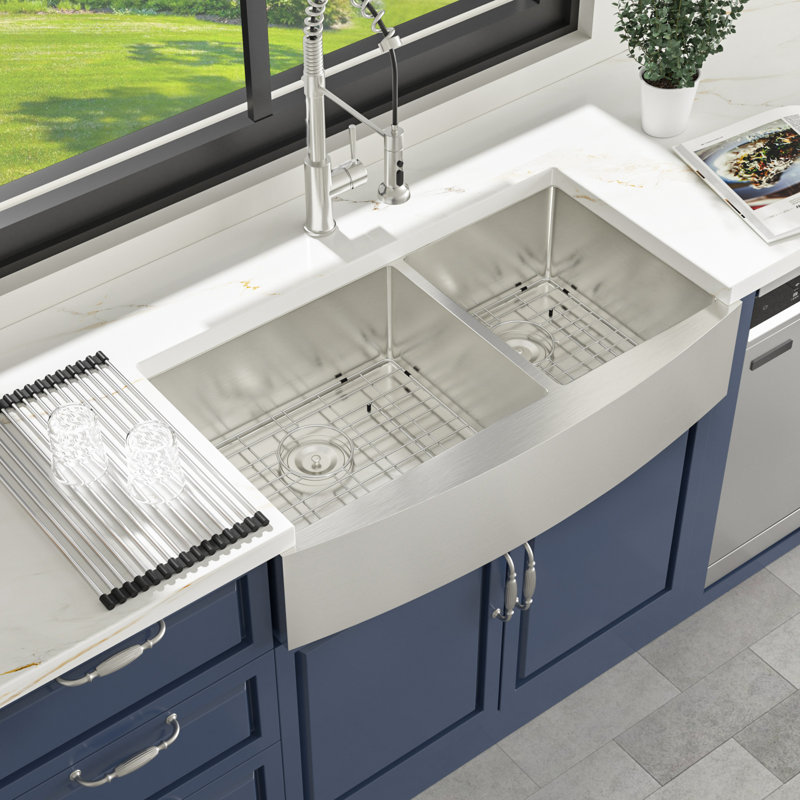 33" L x 20" W Farmhouse/Apron Kitchen Sink 60/40 Double Bowl Stainless Steel Kitchen Sinks with Sink Grid