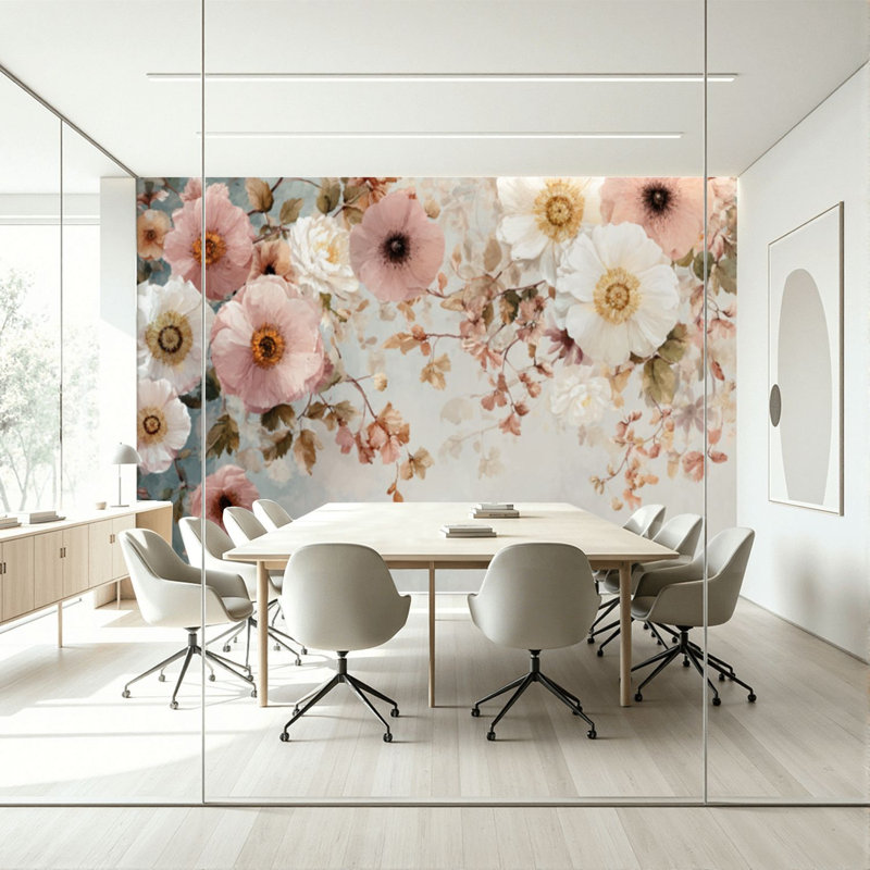 Adhésif mural aquarelle en spirale avec fleurs flottantes éthéréales