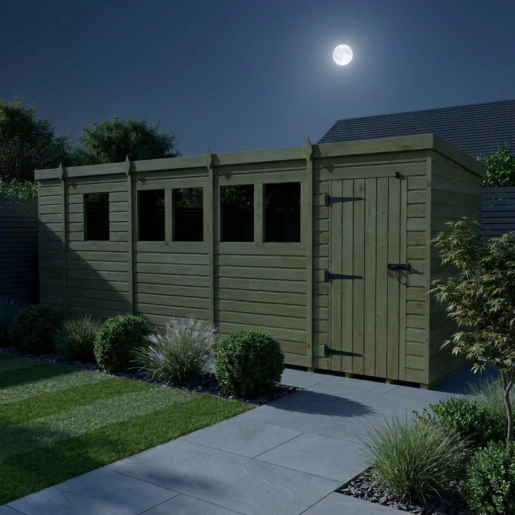Total Sheds 17ft x 4ft Pent Garden Shed - Single Door - With Windows - Pressure Treated Timber - UK Manufactured