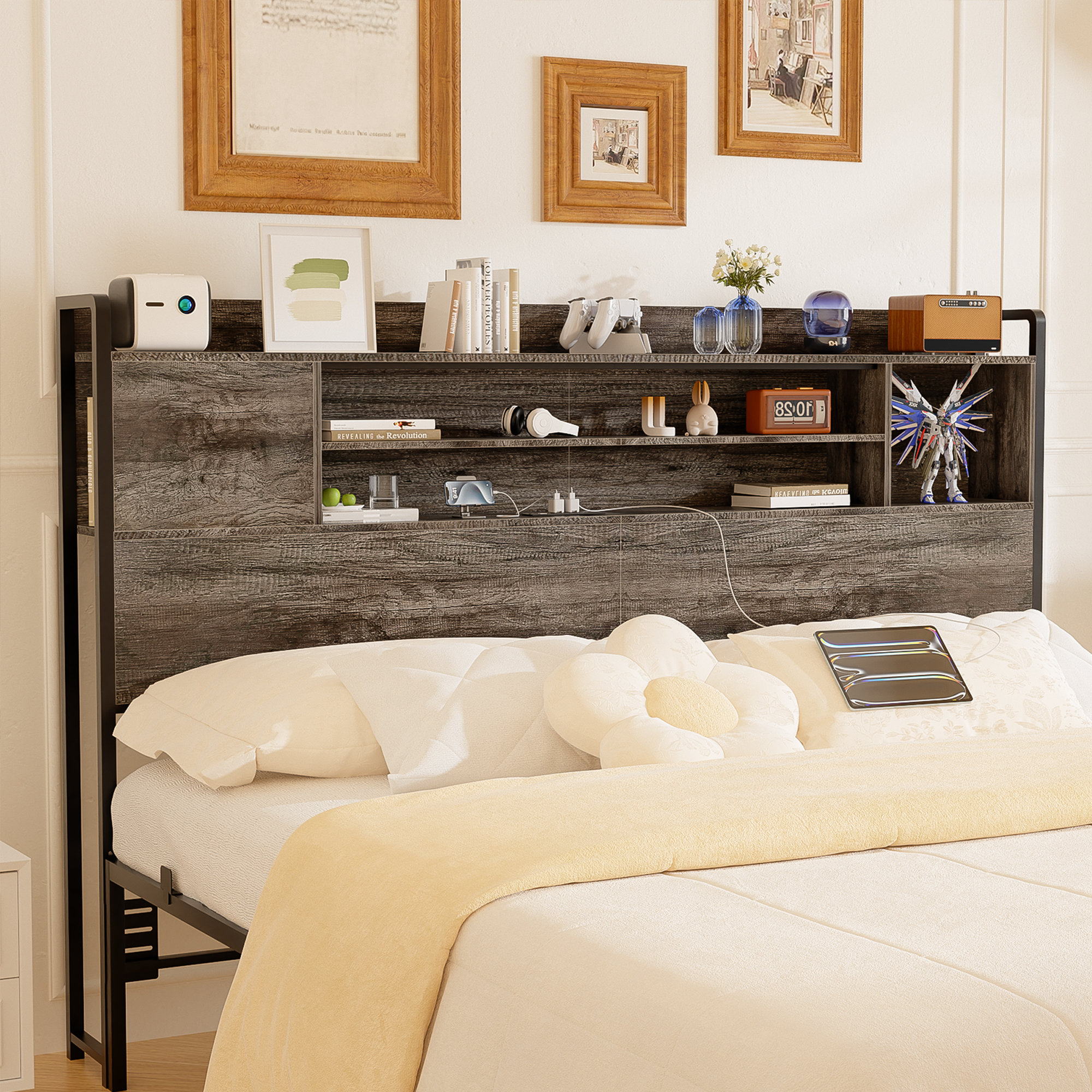 17 Stories Storage Headboard with LED Lights and Charging Station ...