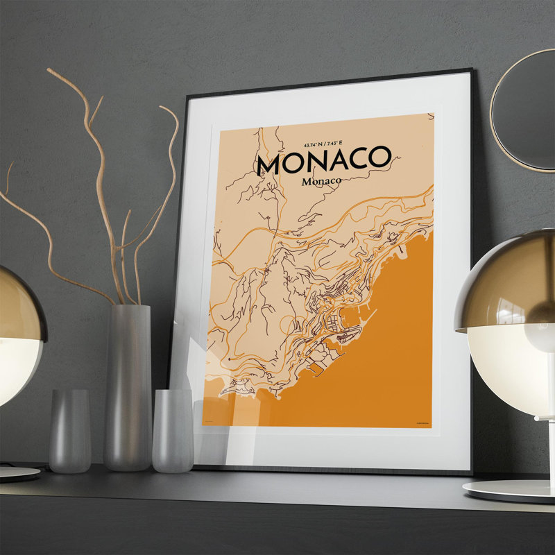 Monaco City Map, impression, H 27,6 po x l 19,7 po, Orange / or pâle
