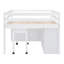 Lit mezzanine double en bois pleine grandeur avec bureau rétractable, 4 tiroirs et tablettes pour une utilisation compacte et multifonctionnelle en blanc