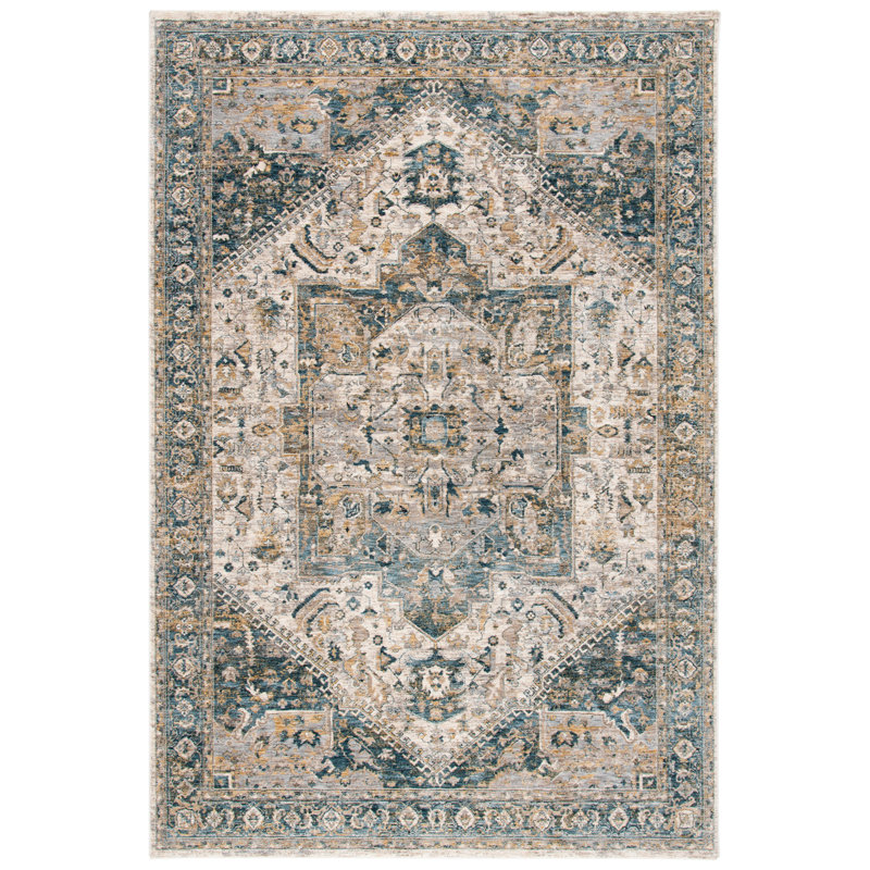 Tapis oriental bleu / jaune / ivoire, Rectangle 8 pi x 10 pi