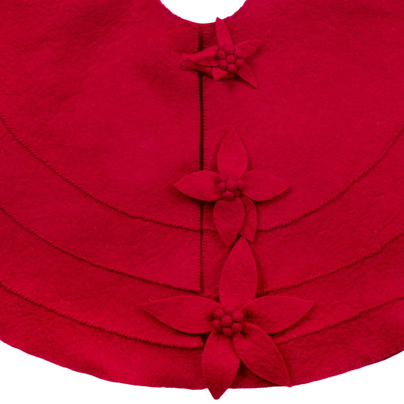 Handmade Christmas Tree Skirt in Hand Felted Wool - Cream Poinsettia Buttons - 60", Red